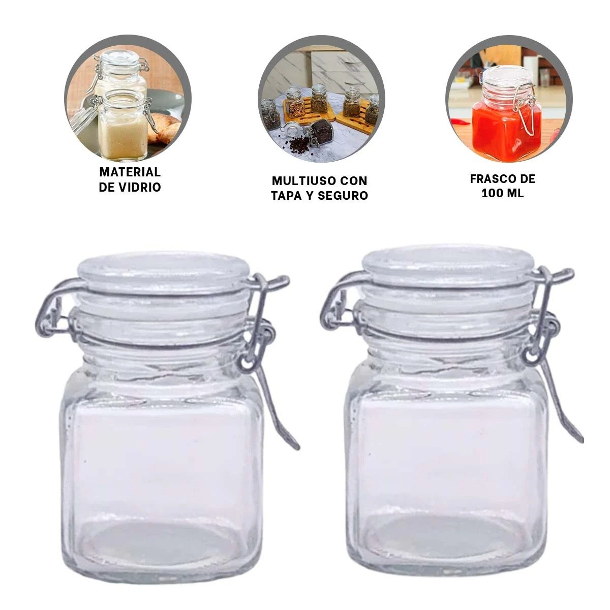 CONTENEDOR MODERNO DE VIDRIO DE 100 ML MULTIUSO CON TAPA Y CIERRE SEGURO - 3