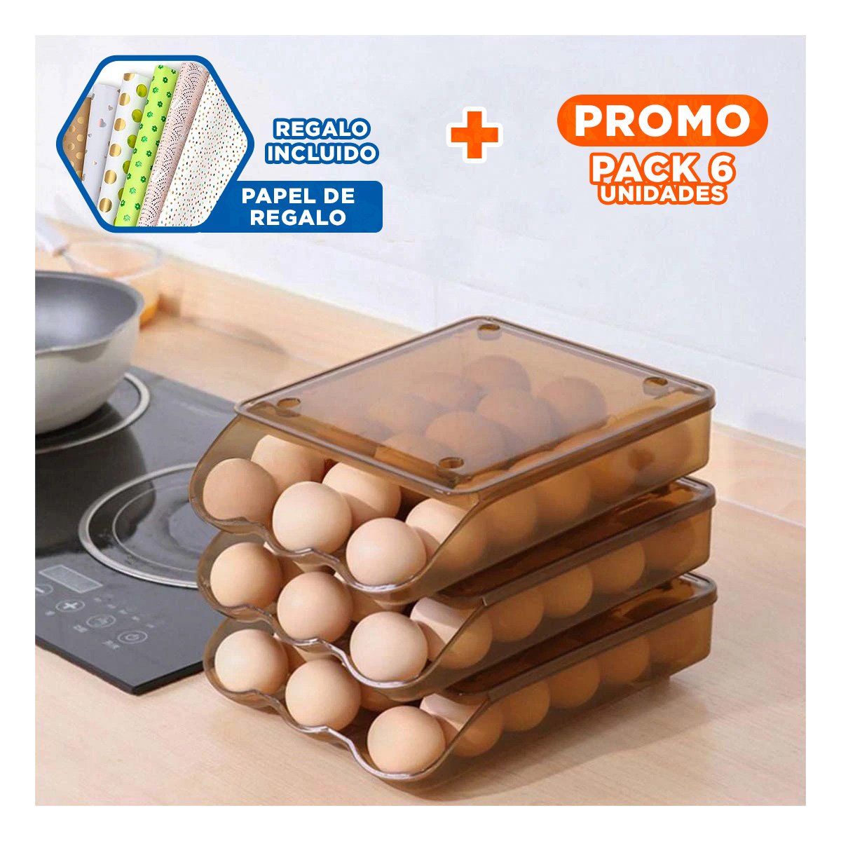 PACK6 ORGANIZADOR COMPACTO TRANSPARENTE MARRON PARA 18 HUEVOS MANTIENE ORDEN Y+PAPEL REGALO - 1