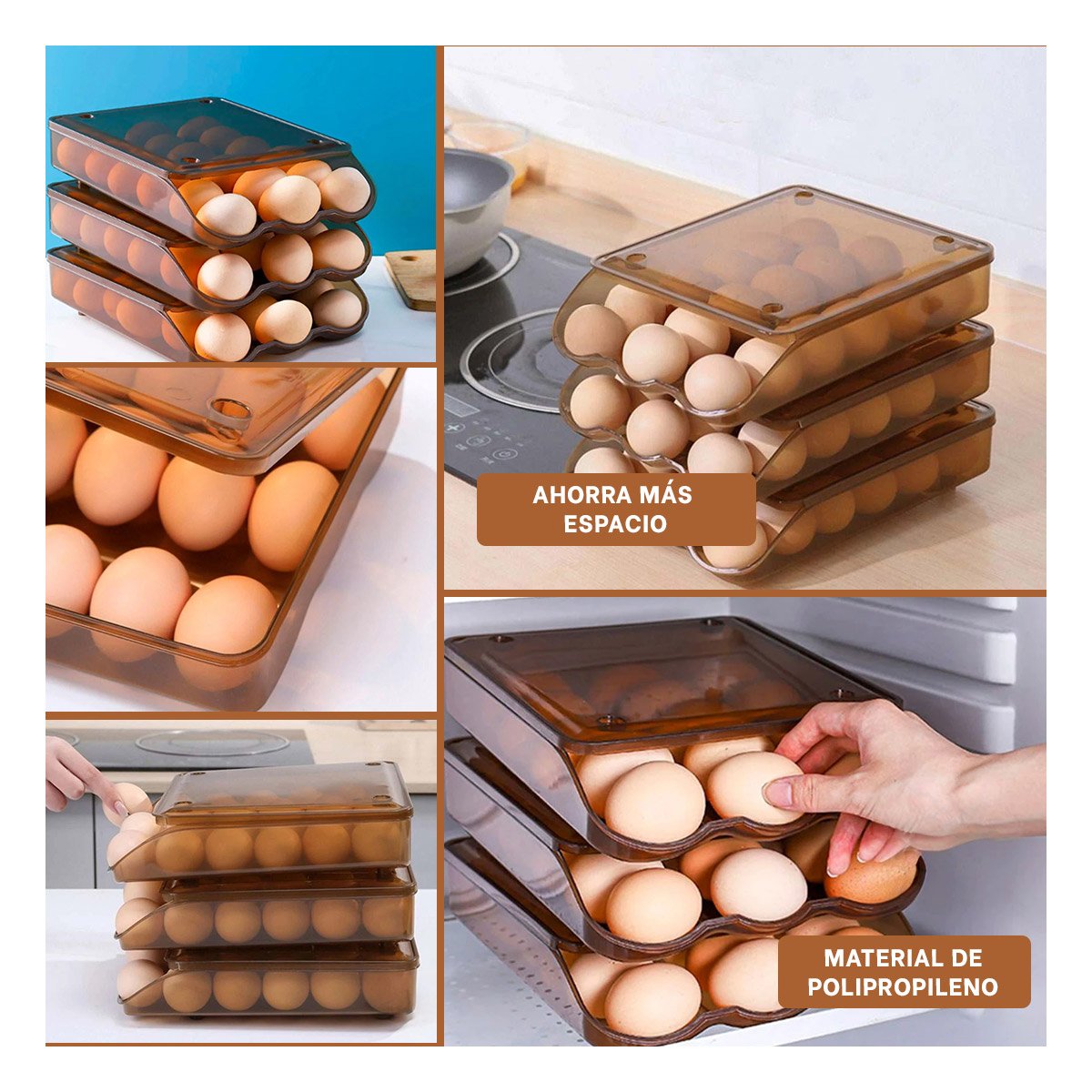 PACK6 ORGANIZADOR COMPACTO TRANSPARENTE MARRON PARA 18 HUEVOS MANTIENE ORDEN Y+PAPEL REGALO - 3