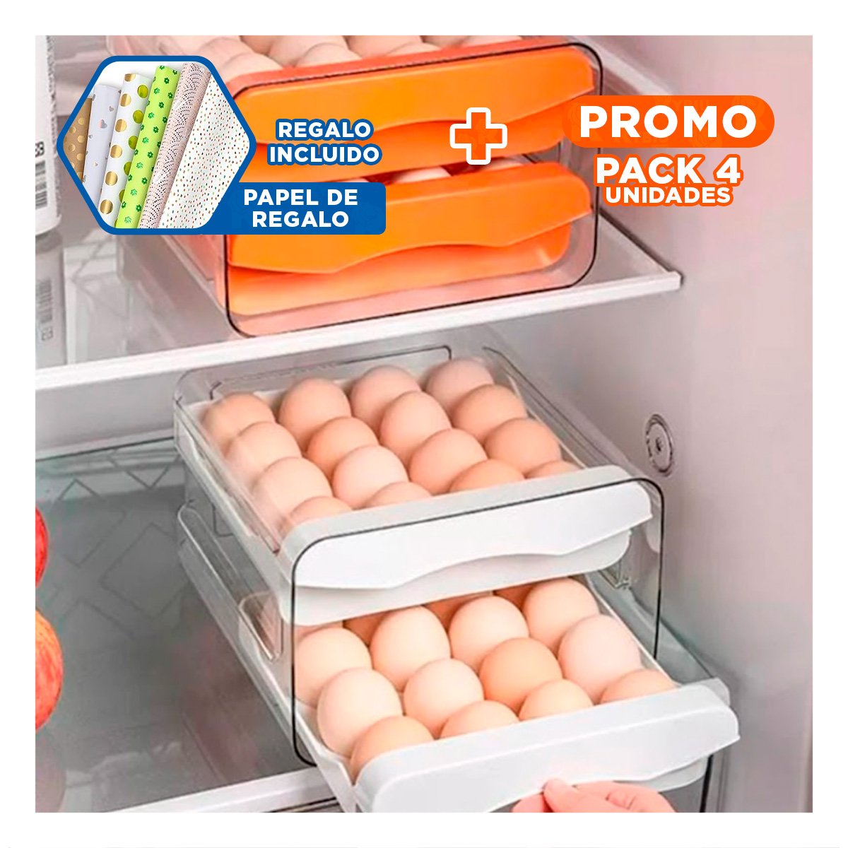 PACK4 BANDEJA DOMESTICA PARA HUEVOS BLANCO CON SISTEMA INTEGRADO DOBLE ACRILICO Y+PAPEL REGALO - 1