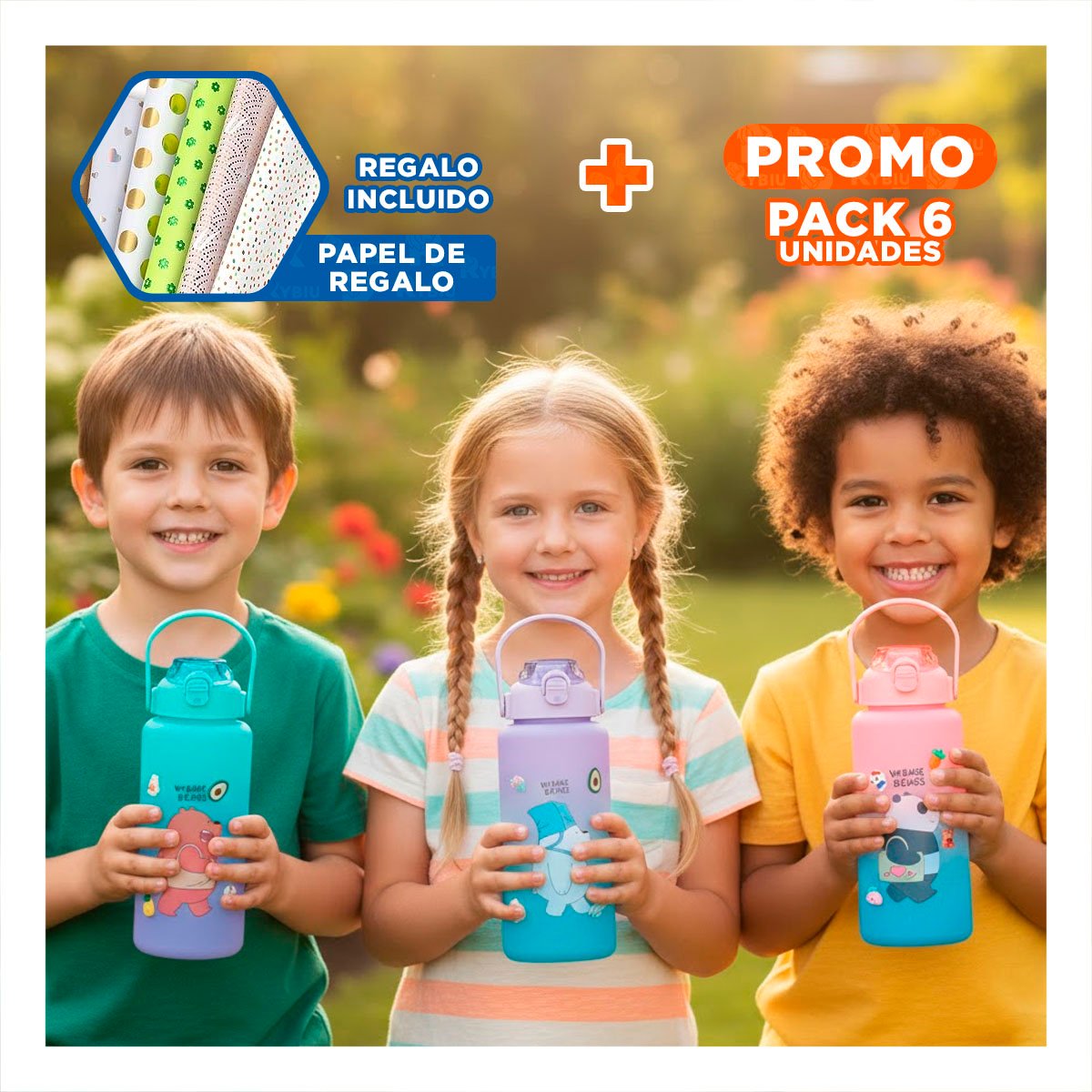 PACK6 BOTELLA ESCOLAR OSO ESCANDALOSO 2 LITROS PARA AGUA Y+PAPEL REGALO - 1