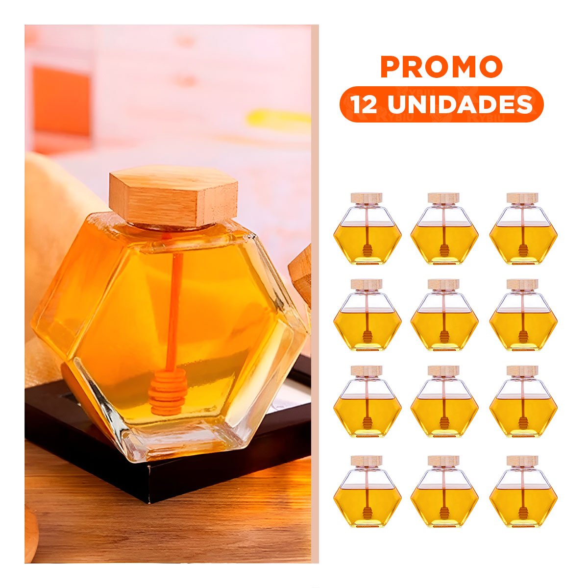 PACK12 CONTENEDOR PARA MESA EN VIDRIO 380ML CON TAPA DE MADERA Y+REGALO STICKER - 1