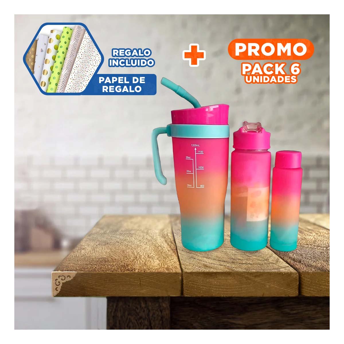 PACK6 TOMATODO ELECTRONICO TRIO TRICOLOR 1200ML 800ML 300ML COMPACTO Y PRACTICO Y+PAPEL REGALO - 1