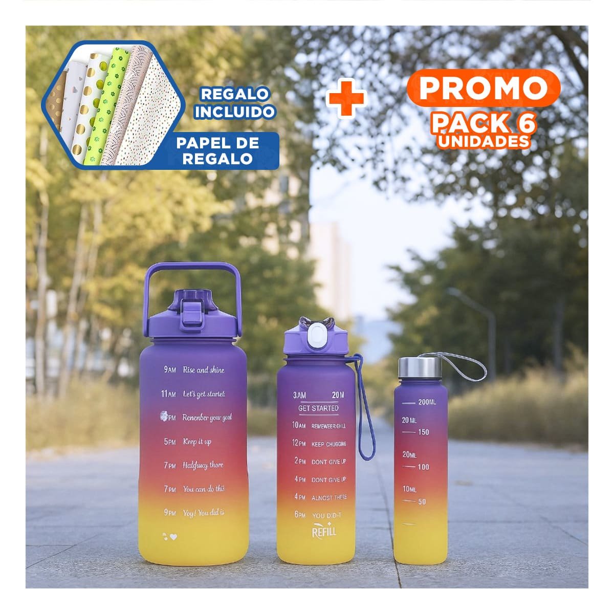 PACK6 CANTIMPLORAS MORADO CON VOLUMEN 2 L 1 L Y 300 ML Y TAPA RESISTENTE Y+PAPEL REGALO - 1