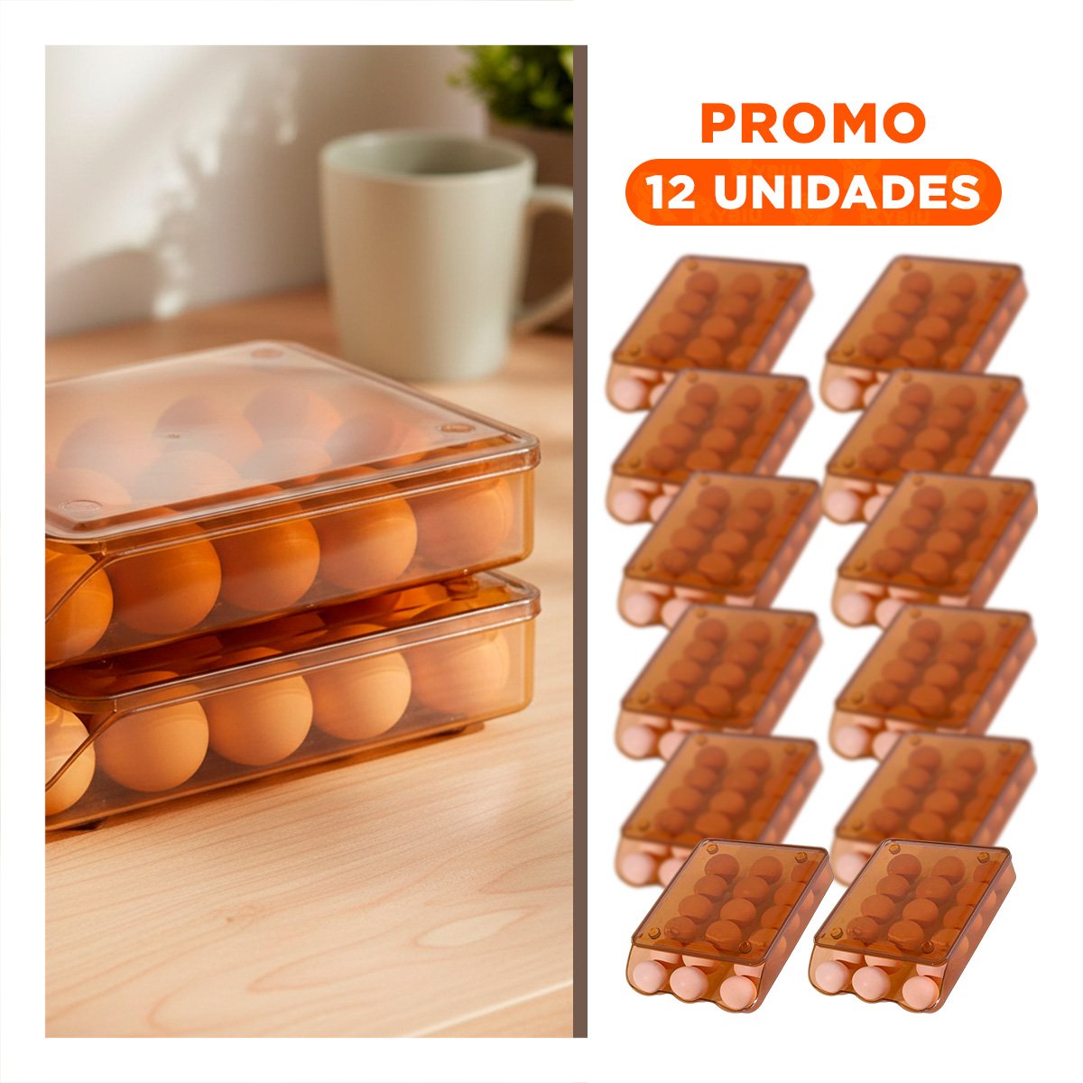 PACK12 ALMACENADOR PRACTICO TRANSPARENTE MARRON PARA 18 HUEVOS DE ORGANIZAR Y+REGALO STICKER - 1