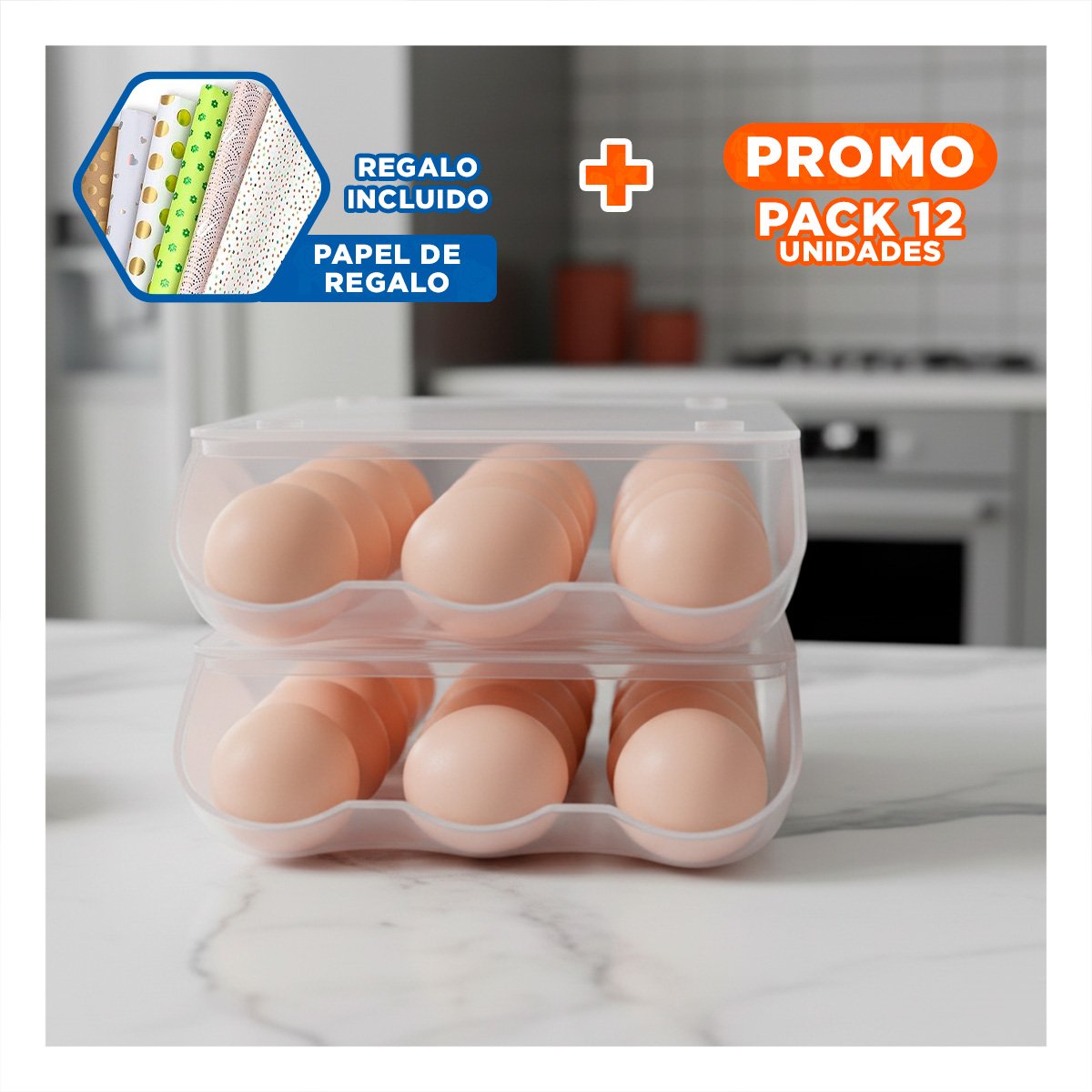PACK12 RECIPIENTE DURADERO PARA 18 HUEVOS TRANSPARENTE EN COCINA HOGAR ORDENADA Y+PAPEL REGALO - 1