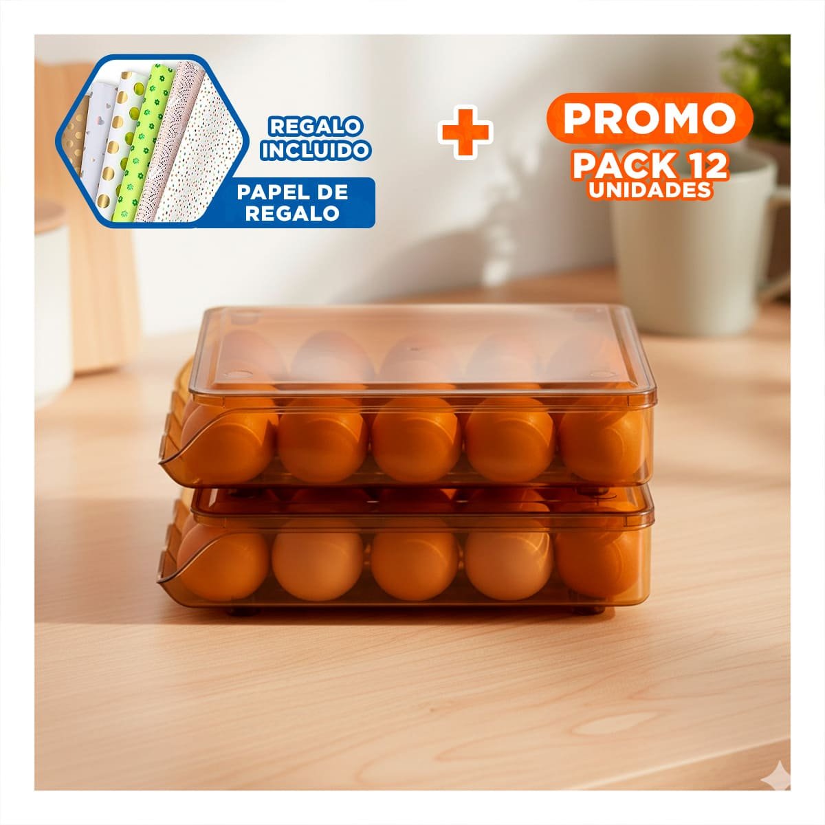 PACK12 RECIPIENTE DURADERO TRANSPARENTE MARRON PARA 18 HUEVOS EN COCINA Y+PAPEL REGALO - 1