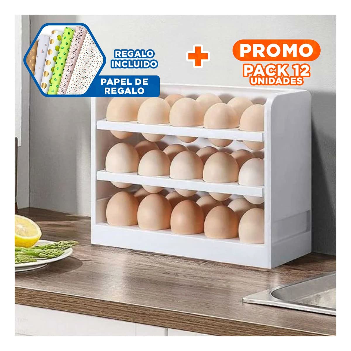 PACK12 PORTA HUEVOS TRES NIVELES BLANCO PARA 30 HUEVOS CON ESTILO PRACTICO Y+PAPEL REGALO - 1