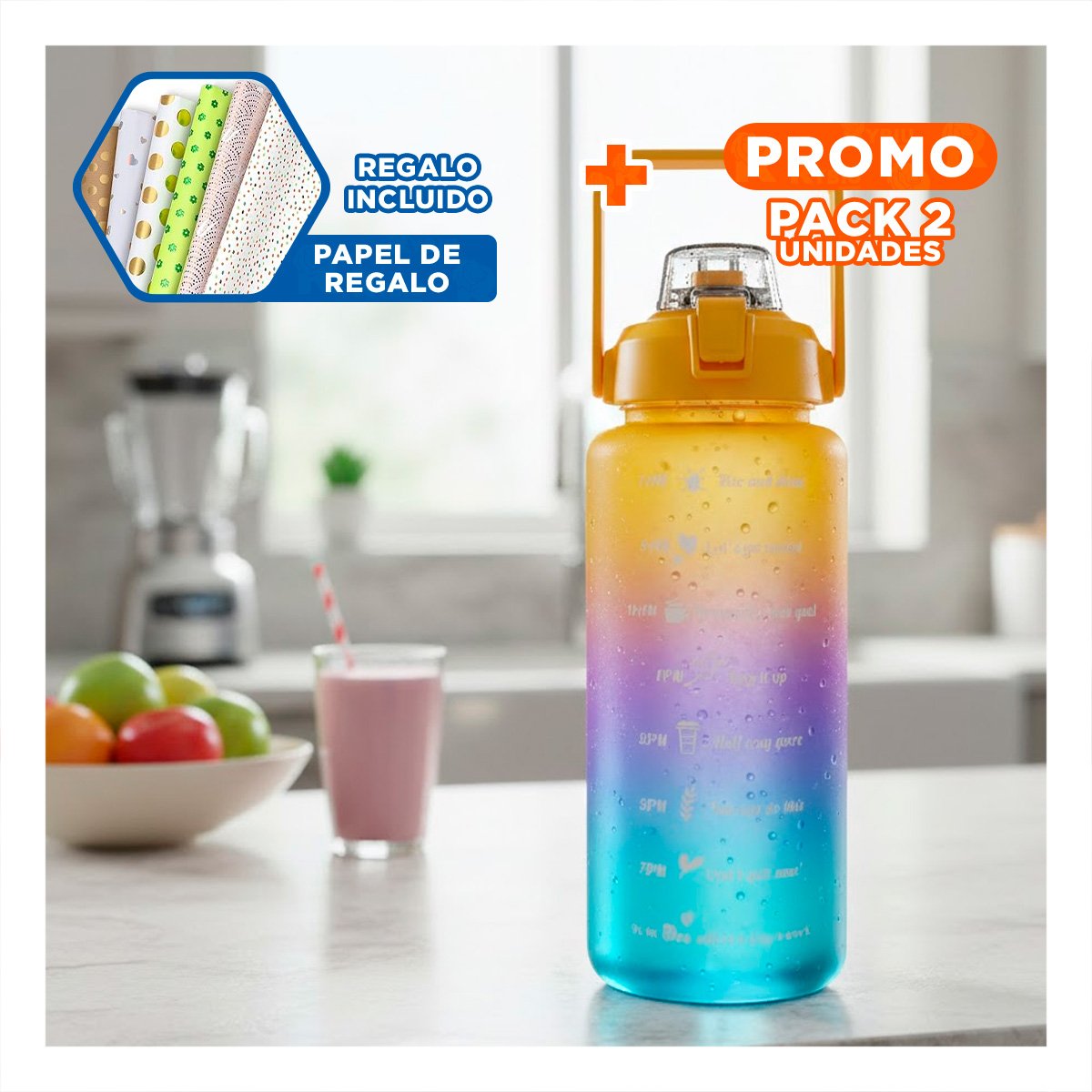 PACK2 RECIPIENTE 2LT MULTICOLOR PARA AGUA Y HIDRATACION EN TODO MOMENTO Y+PAPEL REGALO - 1