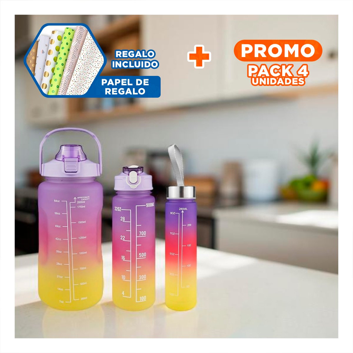 PACK4 TOMATODOS EN MORADO SET DE 3 CON VOLUMEN 2 L 1 L Y 300 ML Y TAPA FIRME Y+PAPEL REGALO - 1