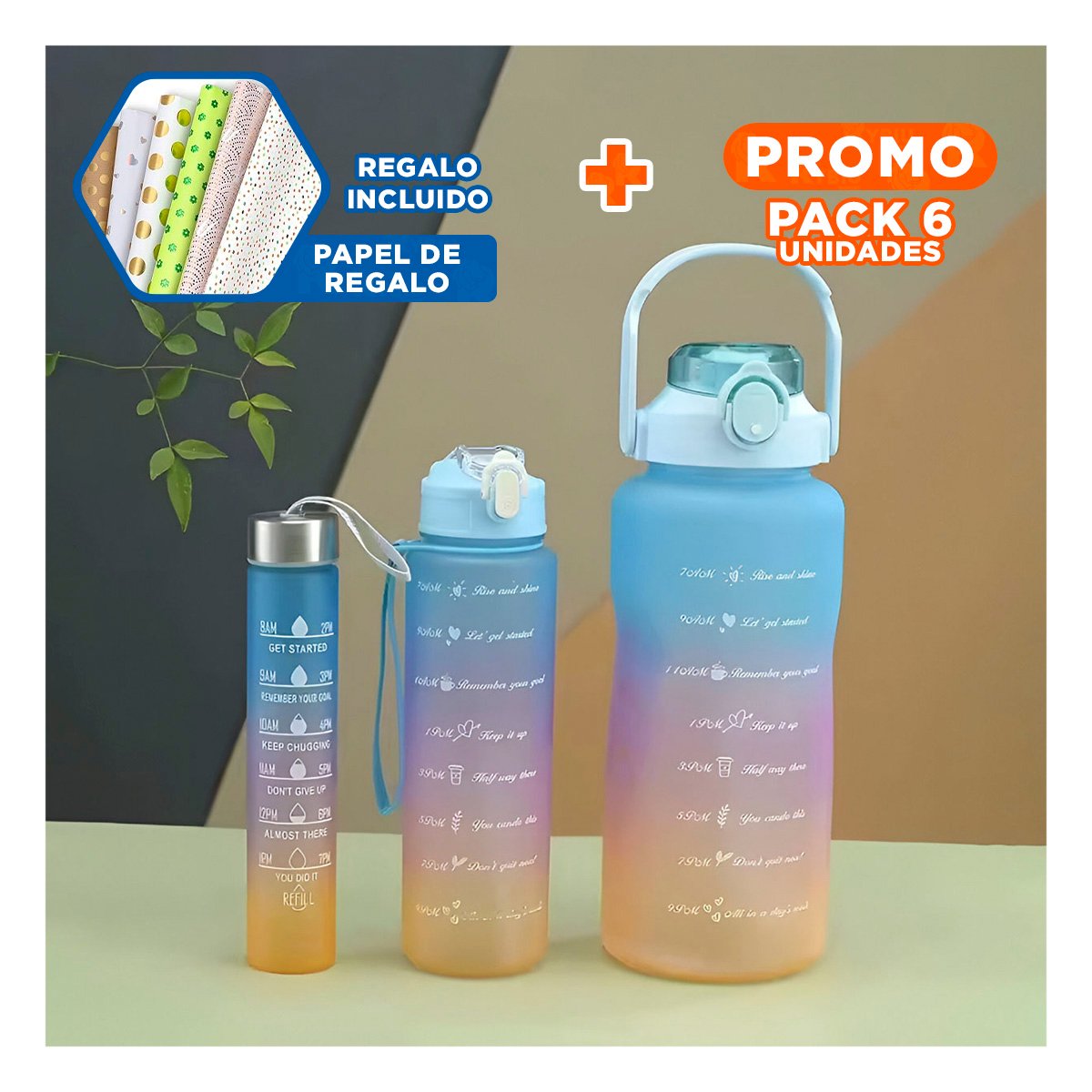 PACK6 CANTIMPLORAS CELESTE CON VOLUMEN 2 L 1 L Y 300 ML Y TAPA RESISTENTE Y+PAPEL REGALO - 1