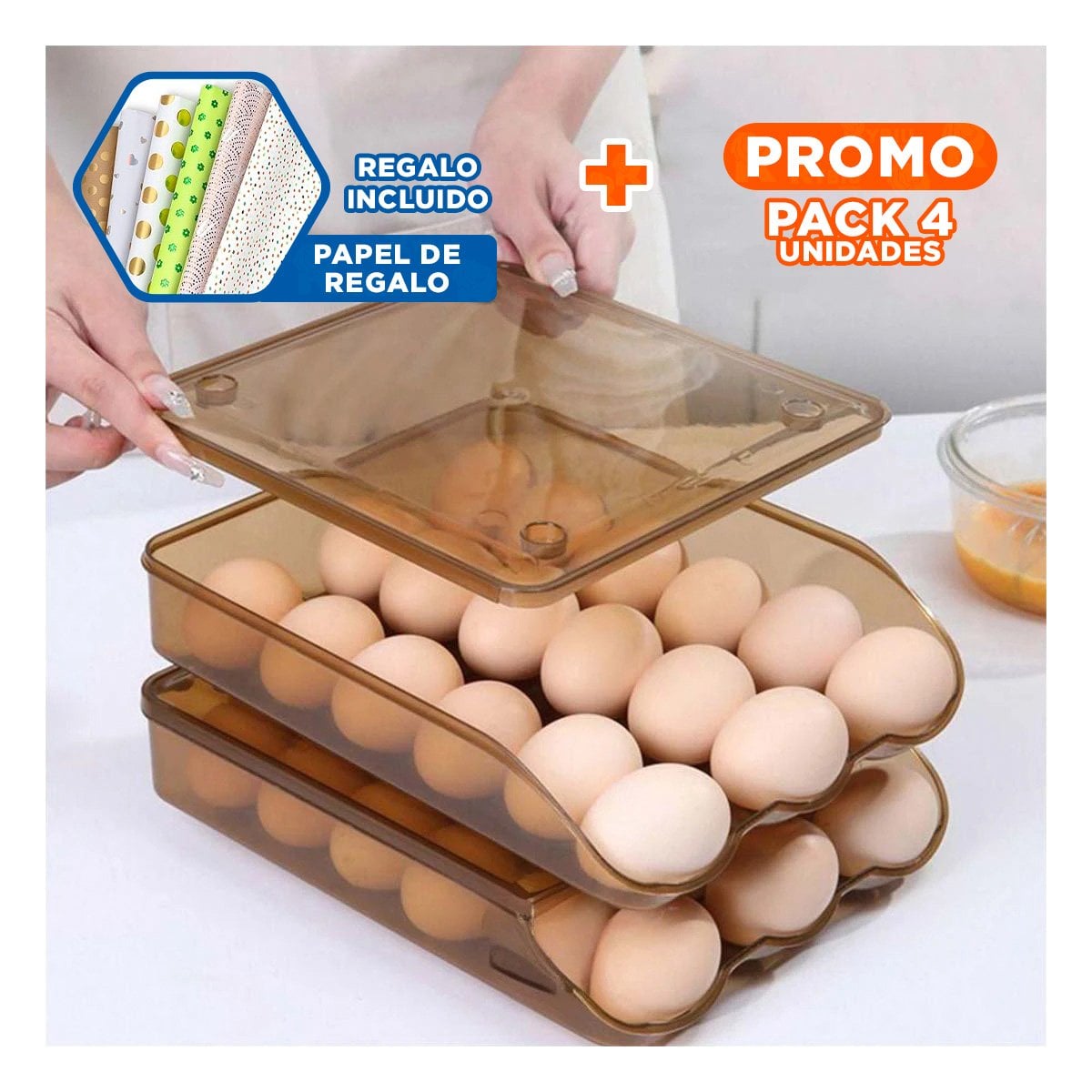PACK4 CAJA PLASTICA COMPACTA TRANSPARENTE MARRON PARA 18 HUEVOS ORGANIZA Y+PAPEL REGALO - 1