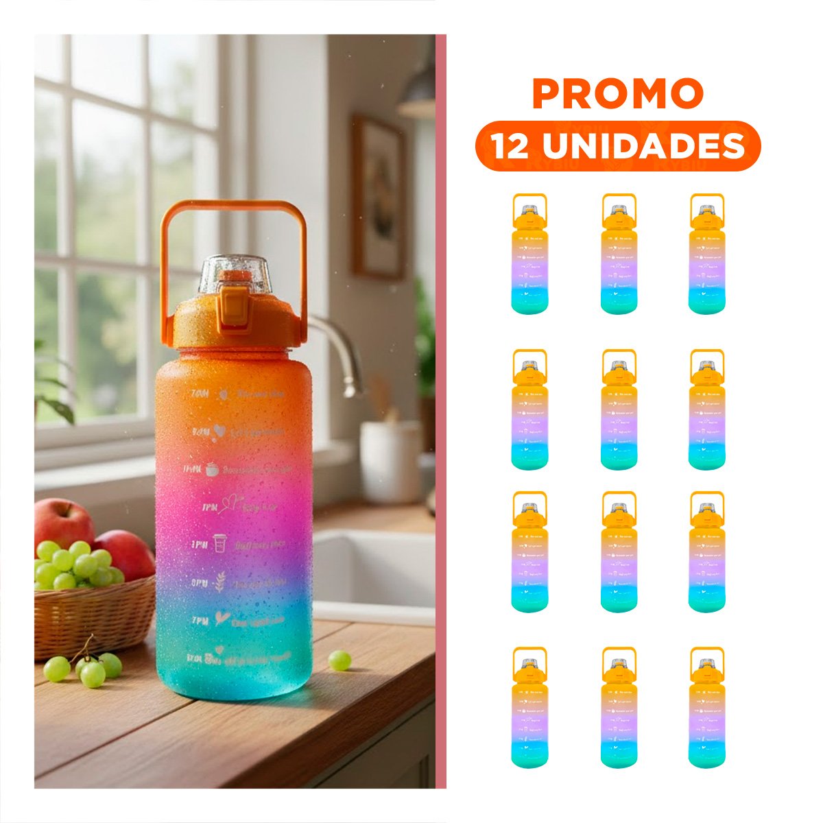 PACK12 RECIPIENTE 2LT MULTICOLOR PARA AGUA Y MANTENERTE HIDRATADO Y+REGALO STICKER - 1