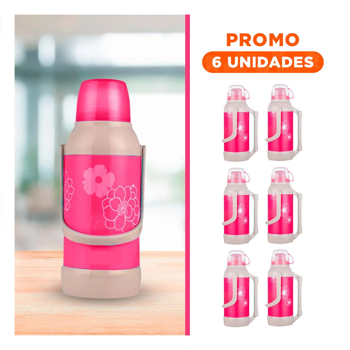 PACK6 RECIPIENTE TERMO 3200ML ROSADO FLORES MANTIENE LIQUIDOS POR HORAS - 1