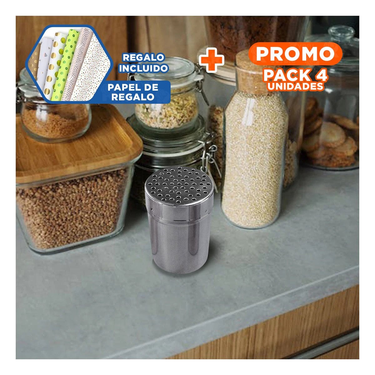 PACK4 SALERO DOMESTICO EN METAL RESISTENTE CON MEDIDAS 6.5CMX6.5CMX9 CM Y+PAPEL REGALO - 1