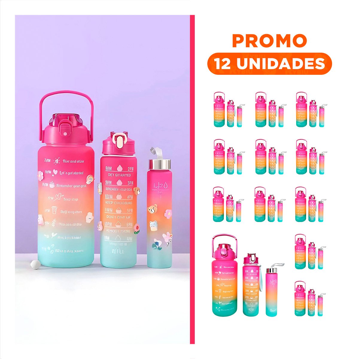 PACK12 SET DE 3 TOMATODOS FUCSIA DE PLASTICO CON TAPA EN 2 L 1 L Y 300 ML Y+REGALO STICKER - 1