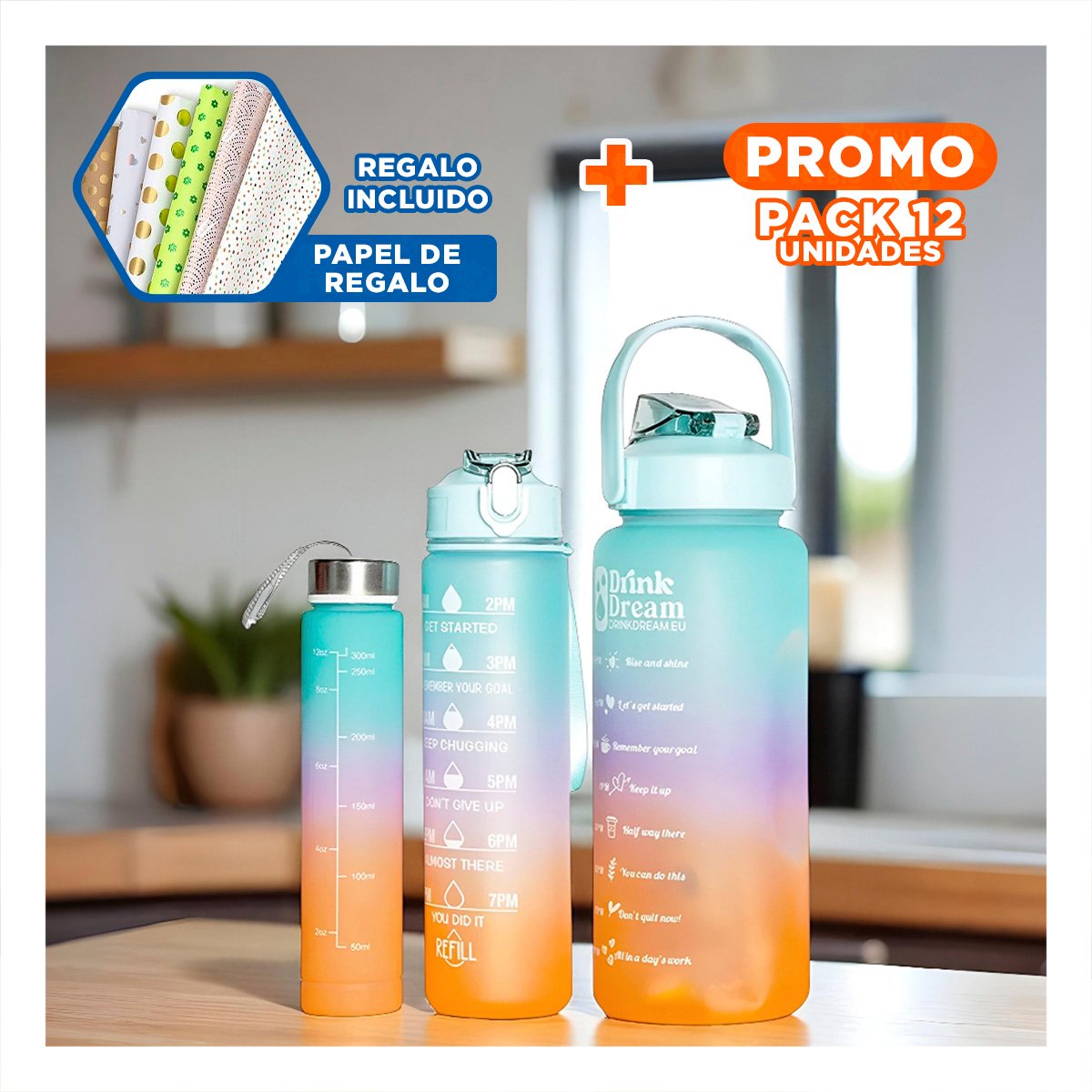 PACK12 SET DE 3 TOMATODOS CON 2 L 1 L Y 300 ML EN CELESTE RESISTENTE Y+PAPEL REGALO - 1