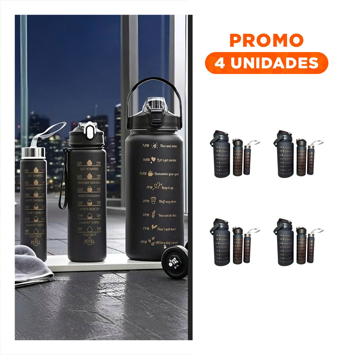 PACK4 CANTIMPLORAS CON 2 L 1 L Y 300 ML EN NEGRO PARA USO DIARIO ACTIVO Y+REGALO STICKER - 1