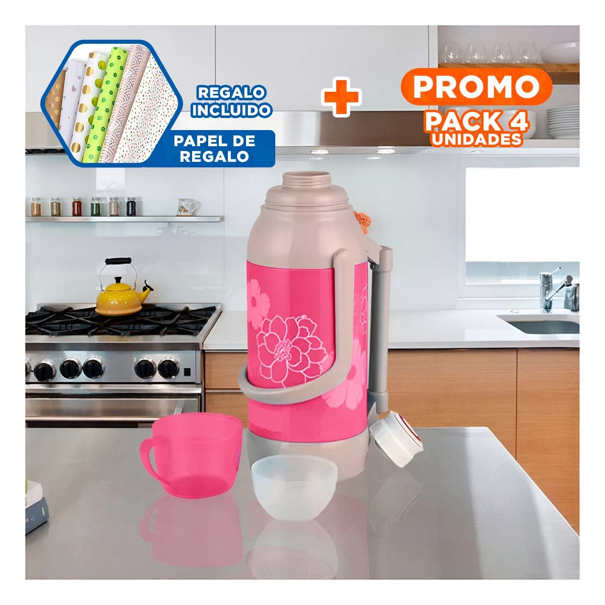 PACK4 VASO TERMO 3200ML ROSADO FLORES PRACTICO PARA USO DIARIO Y+PAPEL REGALO - 1