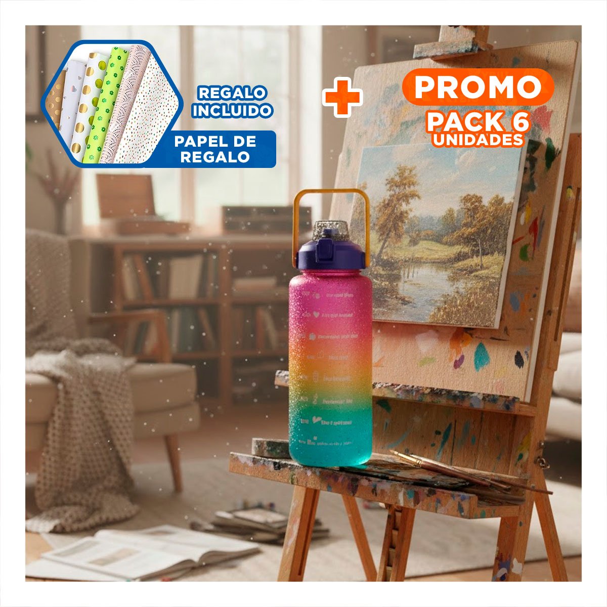 PACK6 TERMO 2LT MULTICOLOR PARA AGUA Y DISFRUTAR EN CASA Y OFICINA Y+PAPEL REGALO - 1