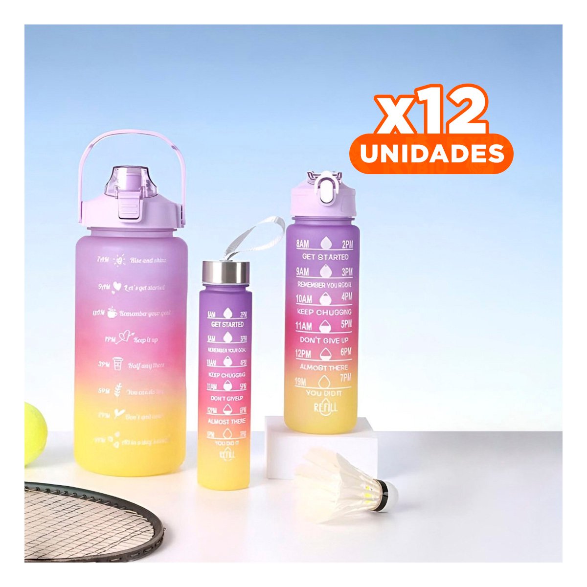 PACK12 CANTIMPLORAS SET TRIPLE EN MORADO CON TAPA DE PLASTICO 2 L 1 L Y 300 ML - 1
