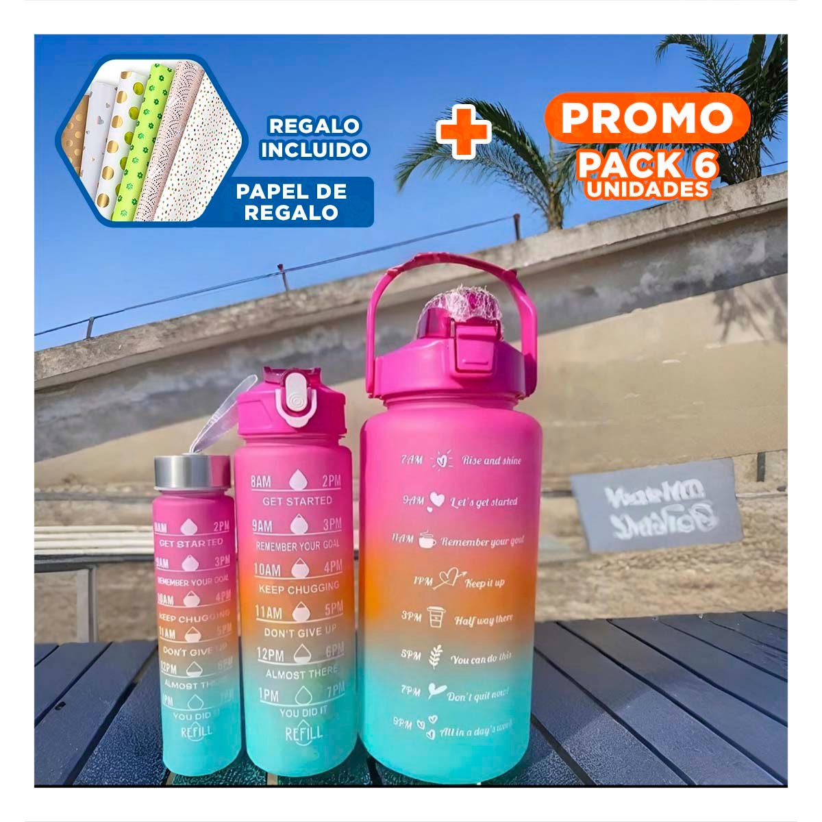 PACK6 CANTIMPLORAS FUCSIA CON VOLUMEN 2 L 1 L Y 300 ML Y TAPA RESISTENTE Y+PAPEL REGALO - 1