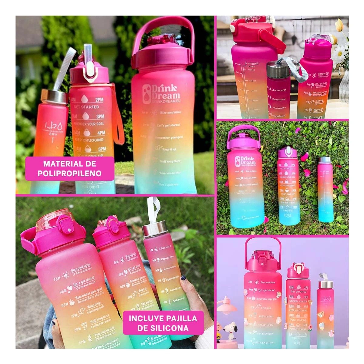 PACK6 CANTIMPLORAS FUCSIA CON VOLUMEN 2 L 1 L Y 300 ML Y TAPA RESISTENTE Y+PAPEL REGALO - 3