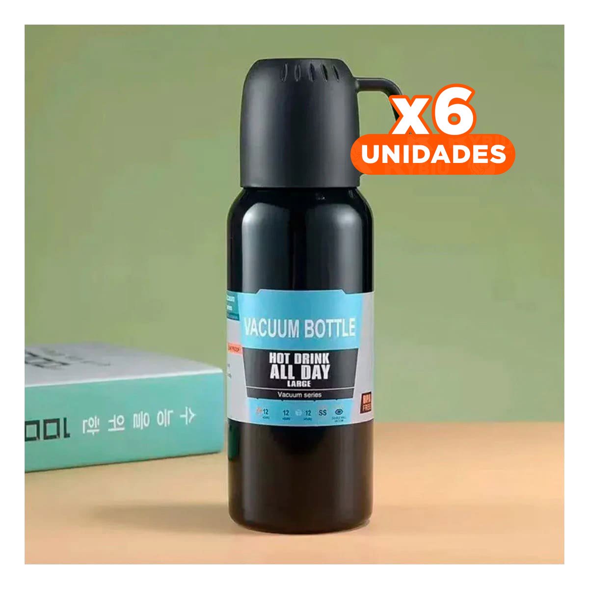 PACK6 TERMO HERMETICO 500 ML CON 3 TAZAS NEGRO PARA CAFE Y TE Y+REGALO STICKER - 1