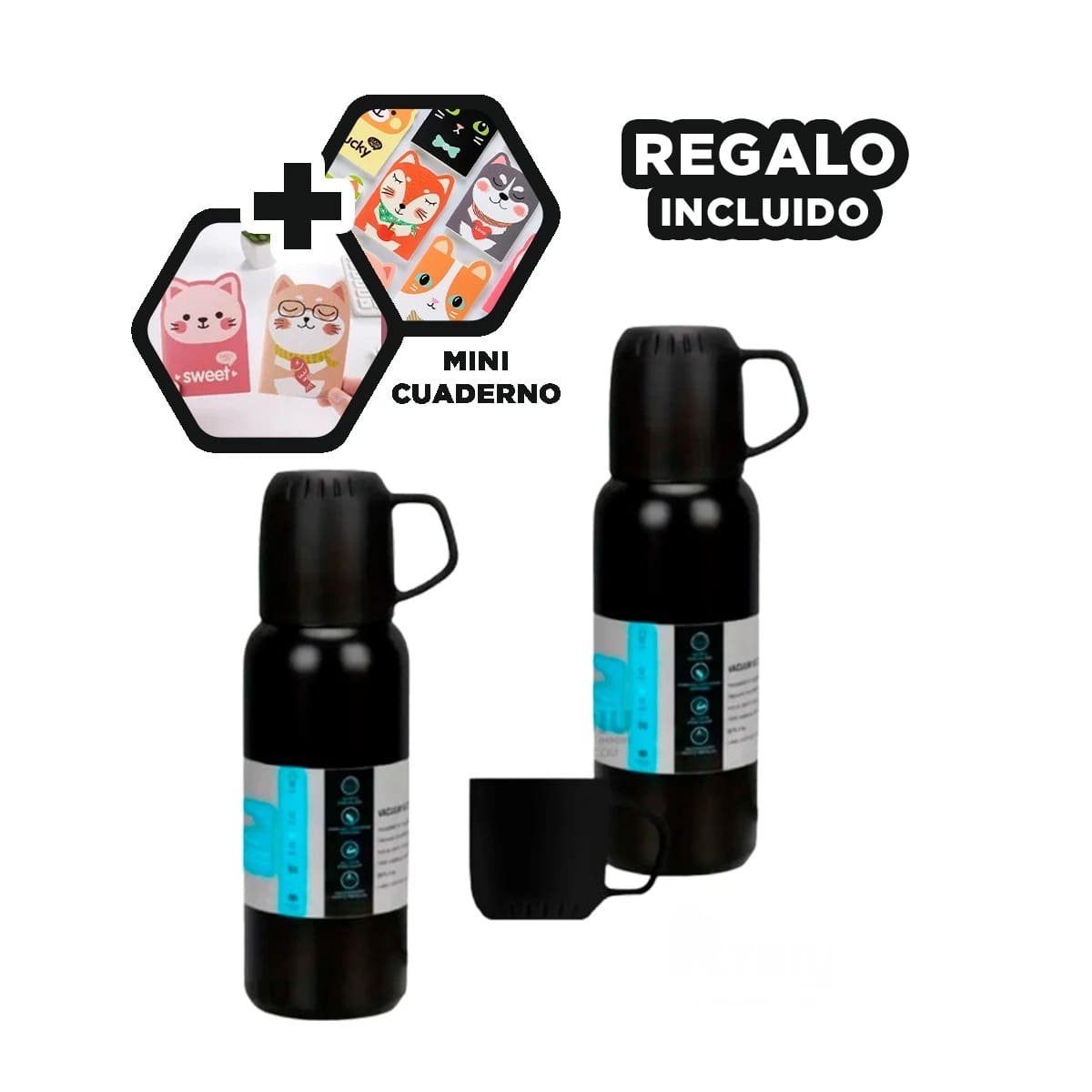 PACK6 TERMO HERMETICO 500 ML CON 3 TAZAS NEGRO PARA CAFE Y TE Y+REGALO STICKER - 3