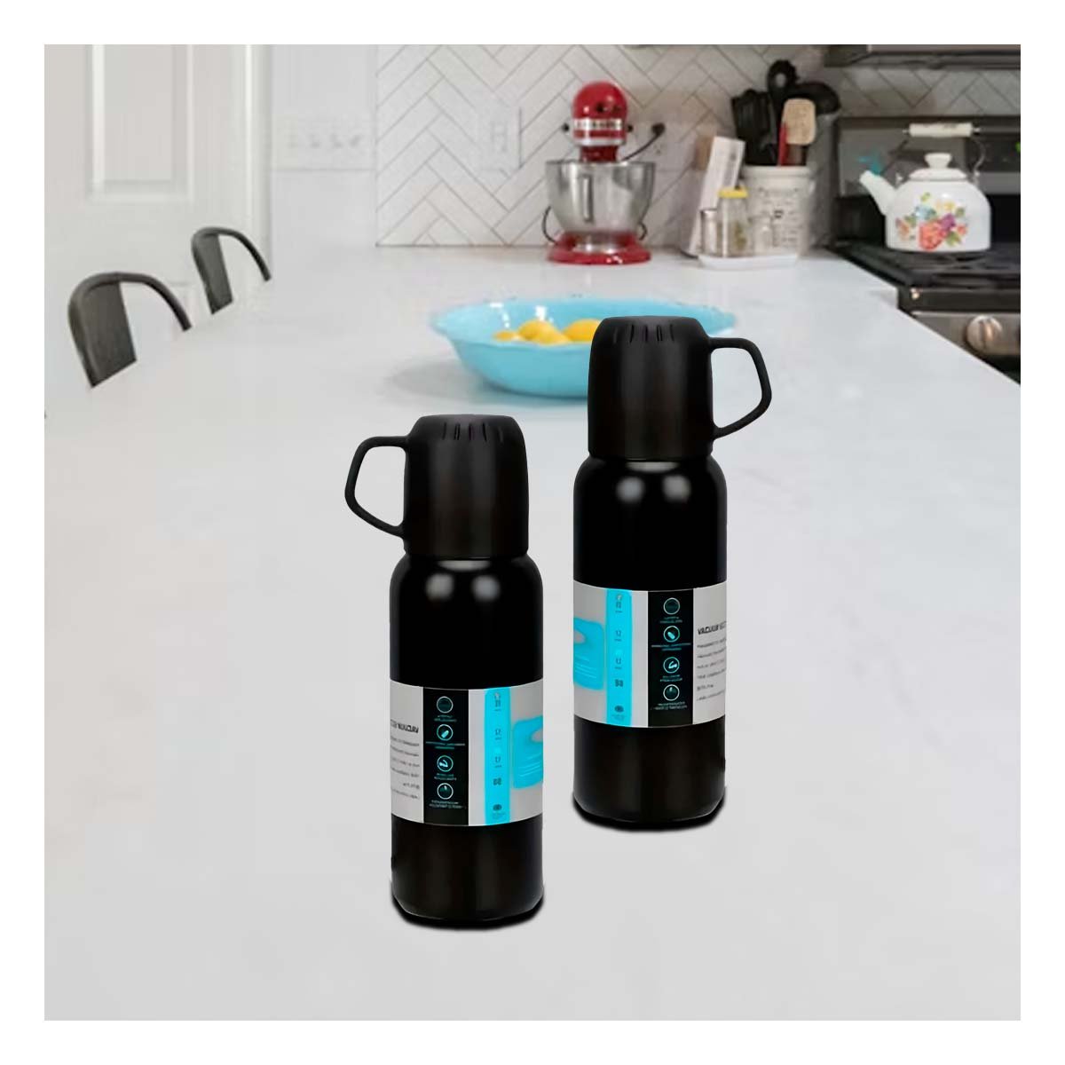 PACK6 TERMO HERMETICO 500 ML CON 3 TAZAS NEGRO PARA CAFE Y TE Y+REGALO STICKER - 5