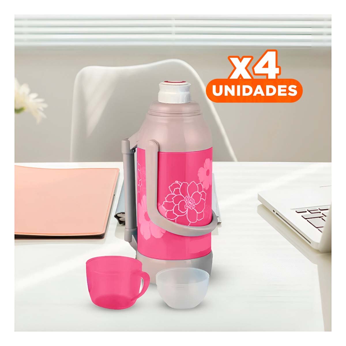 PACK4 BOTELLA TERMO 3200ML ROSADO FLORES MANTIENE CAFE TE Y BEBIDAS VARIADAS - 1