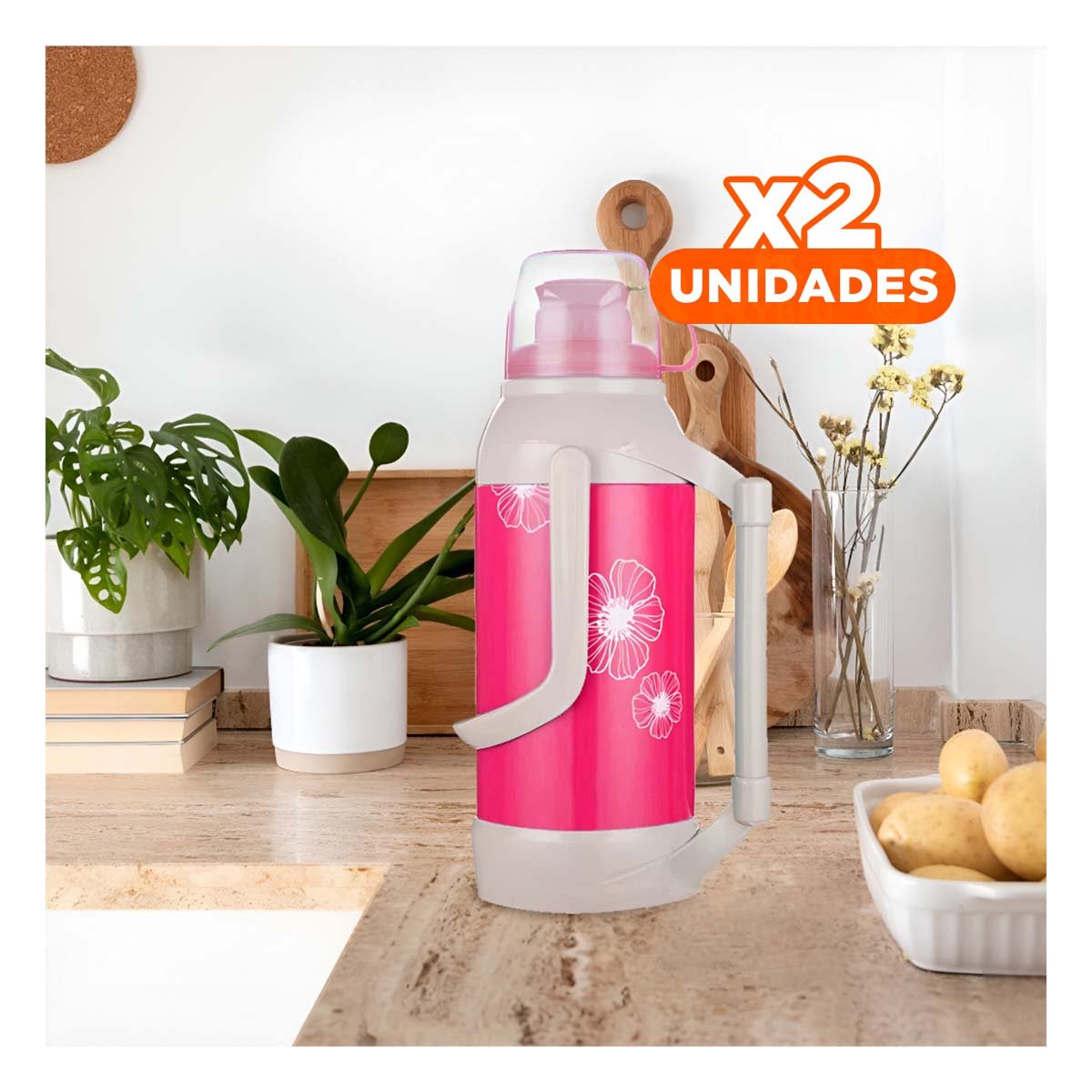 PACK2 RECIPIENTE PARA USO DIARIO 3200ML ROSADO FLORES MANTIENE LIQUIDOS Y+REGALO STICKER - 1