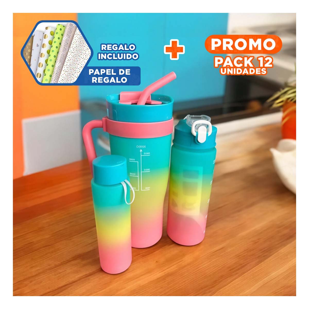 PACK12 BOTELLA ELECTRONICA TRIO TRICOLOR VERDE AMARILLO ROSADO FACIL PRACTICA Y+PAPEL REGALO - 1