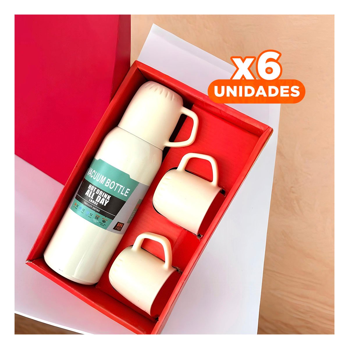 PACK6 TERMO MODERNO 500 ML CON 3 TAZAS CREMA PARA HOGAR ACTUAL Y+REGALO STICKER - 1