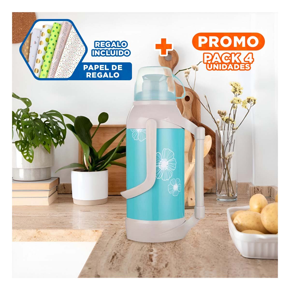 PACK4 RECIPIENTE PORTATIL 3200ML CELESTE FLORES CON TAPON HERMETICO Y+PAPEL REGALO - 1