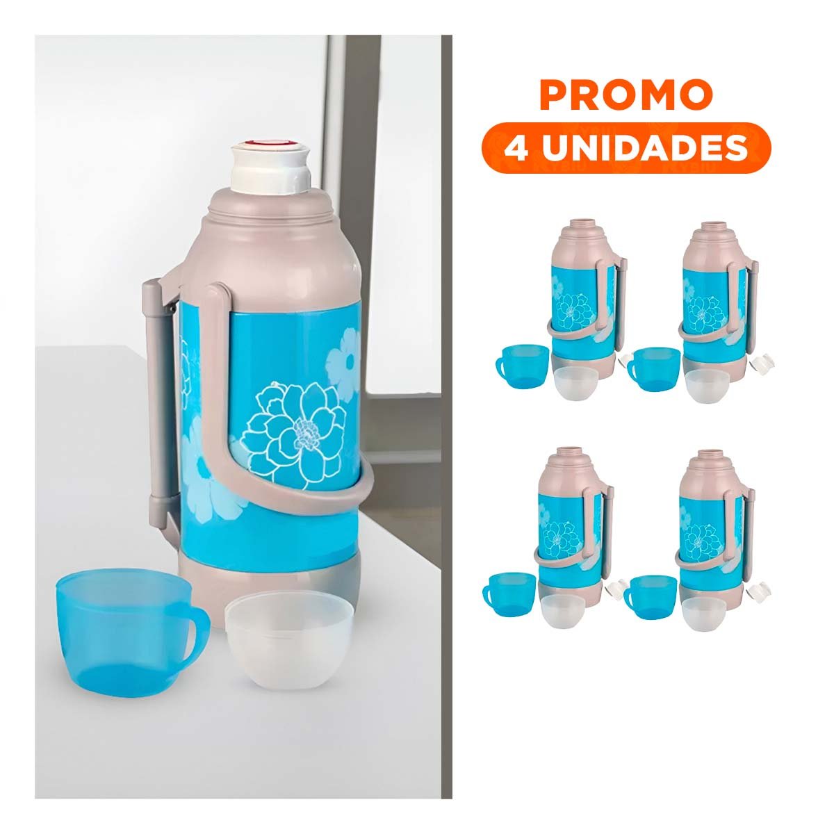 PACK4 RECIPIENTE PARA USO DIARIO 3200ML CELESTE FLORES MANTIENE LIQUIDOS Y+REGALO STICKER - 1