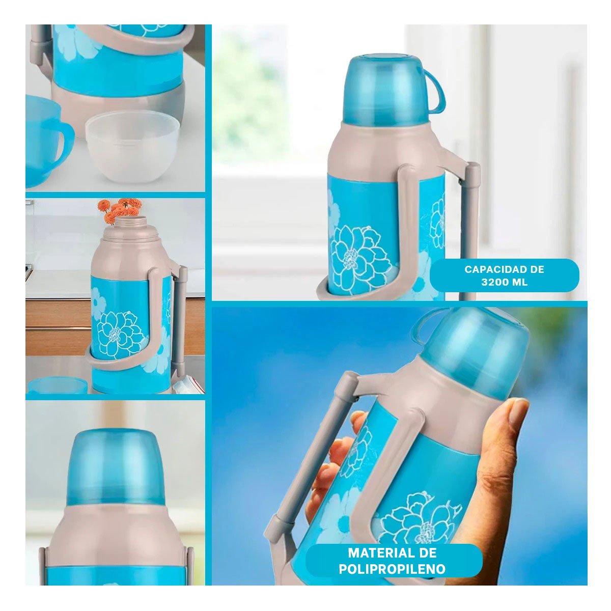 PACK4 RECIPIENTE PARA USO DIARIO 3200ML CELESTE FLORES MANTIENE LIQUIDOS Y+REGALO STICKER - 2