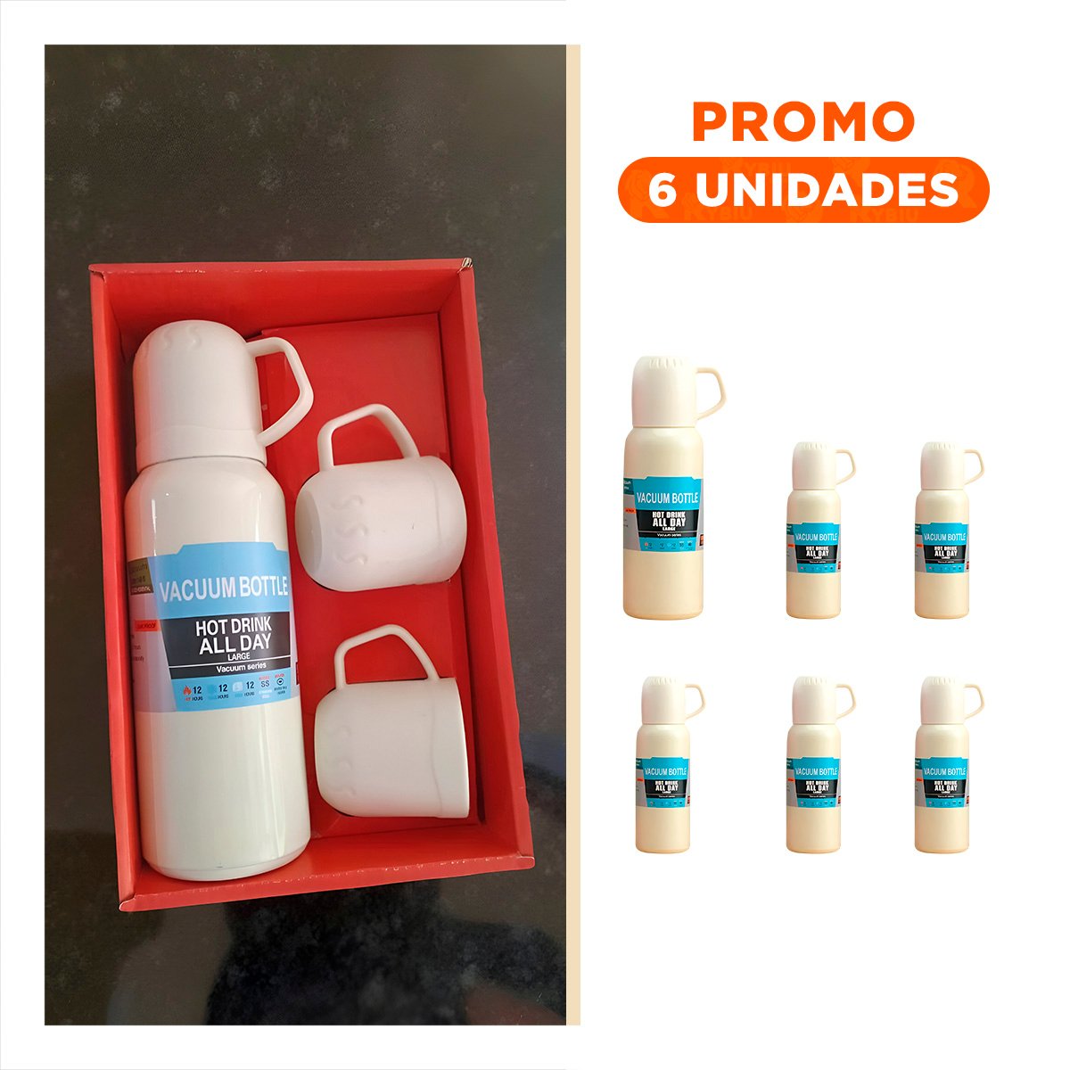 PACK6 TERMO RESISTENTE 500 ML CON 3 TAZAS CREMA PARA TRABAJO DIARIO - 1