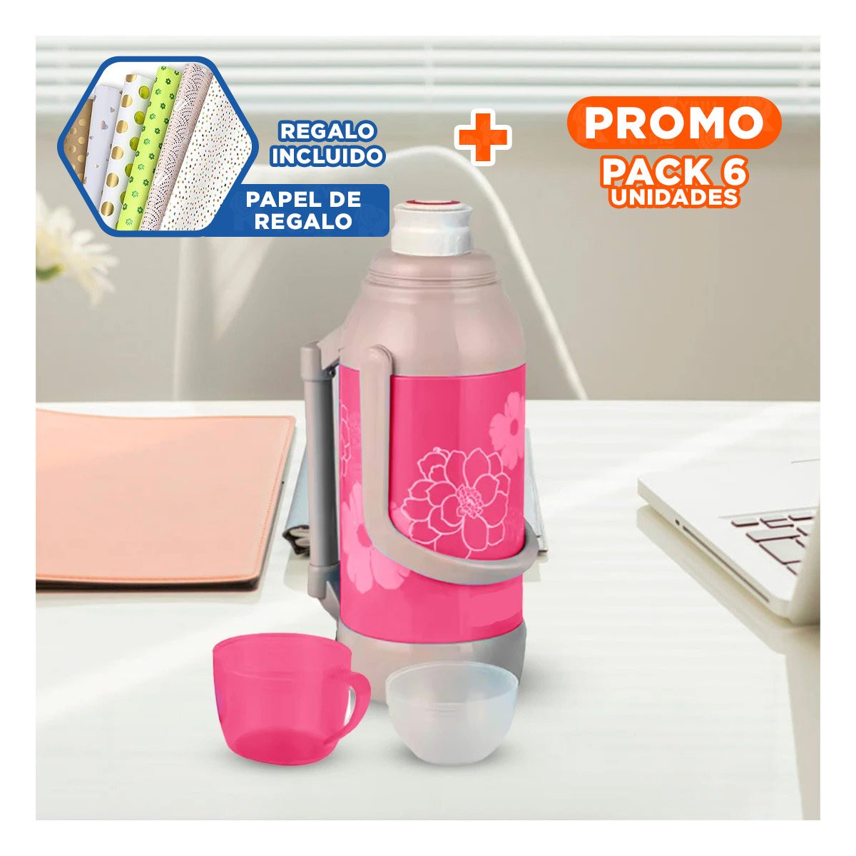 PACK6 BOTELLA VASO 3200ML ROSADO FLORES DISENO FLORAL ELEGANTE PARA HOGAR Y+PAPEL REGALO - 1