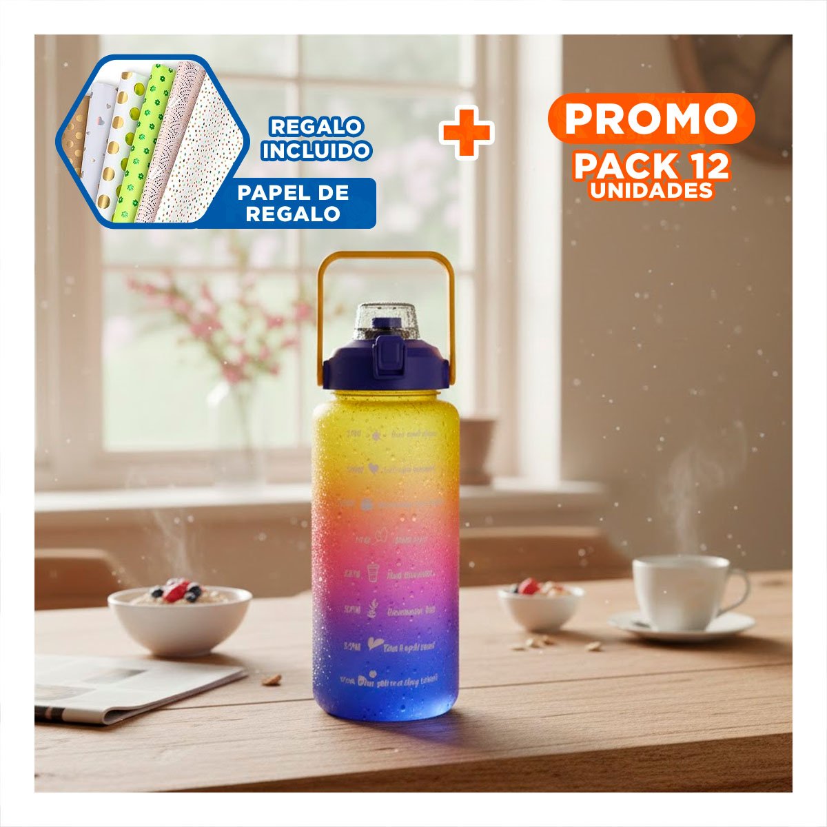 PACK12 CONTENEDOR DE LIQUIDOS 2LT MULTICOLOR PARA BEBIDAS Y ACTIVIDAD PERSONAL Y+PAPEL REGALO - 1