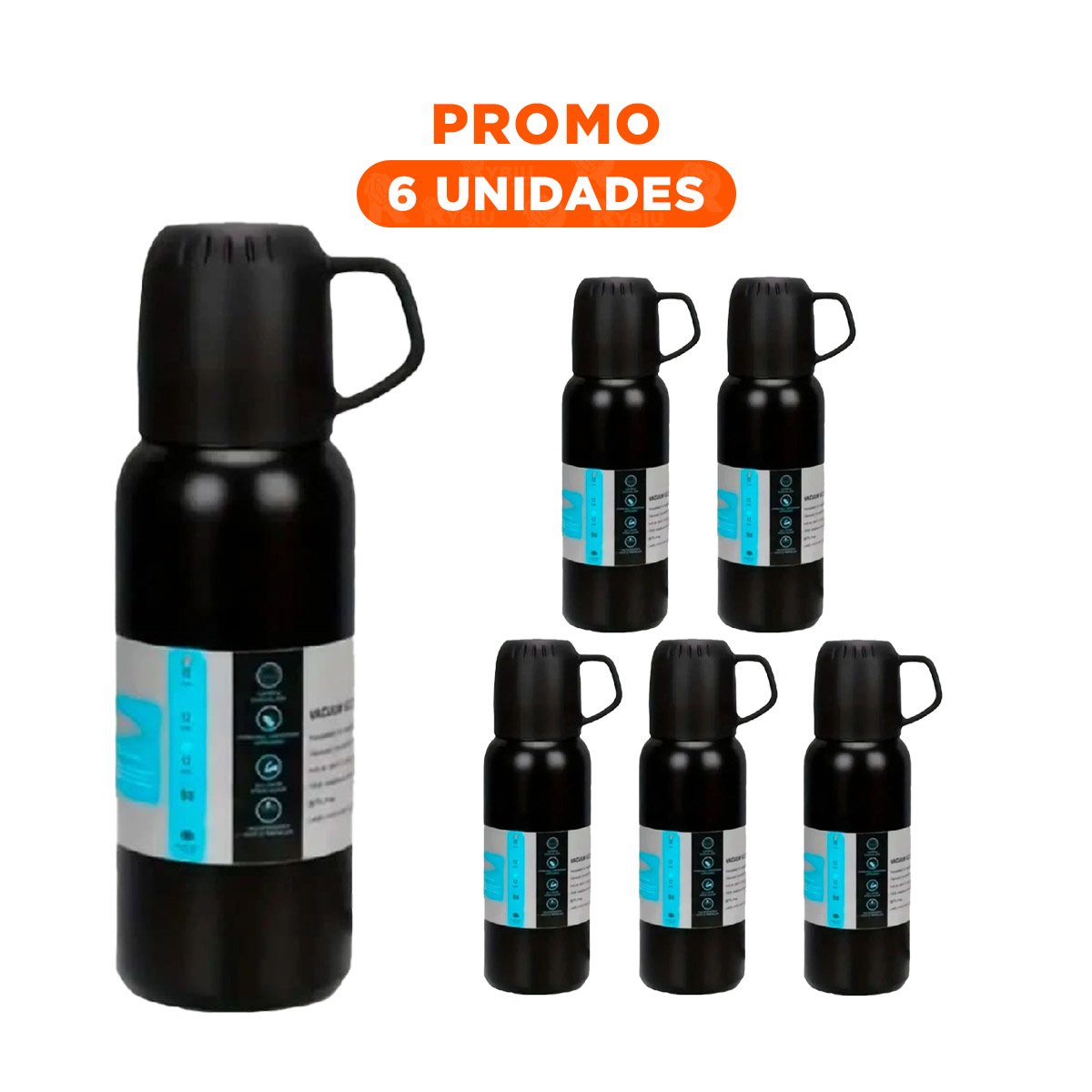 PACK6 TERMO PORTATIL 500 ML CON 3 TAZAS NEGRO PARA PASEOS Y SALIDAS - 1