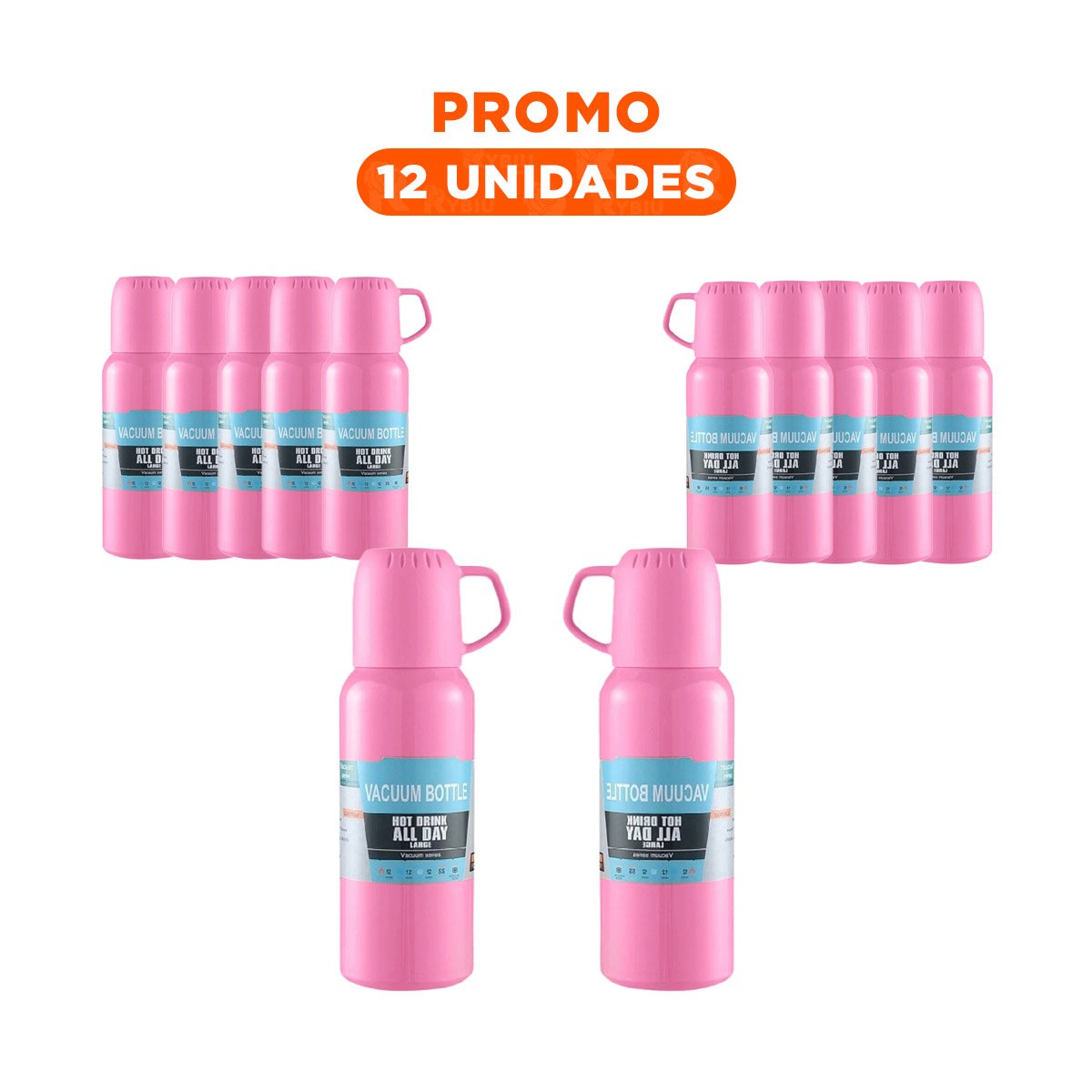 PACK12 DISPENSADOR PORTATIL DE 500ML CON 3 TAZAS ROSADO ACERO MODERNO Y+REGALO STICKER - 1