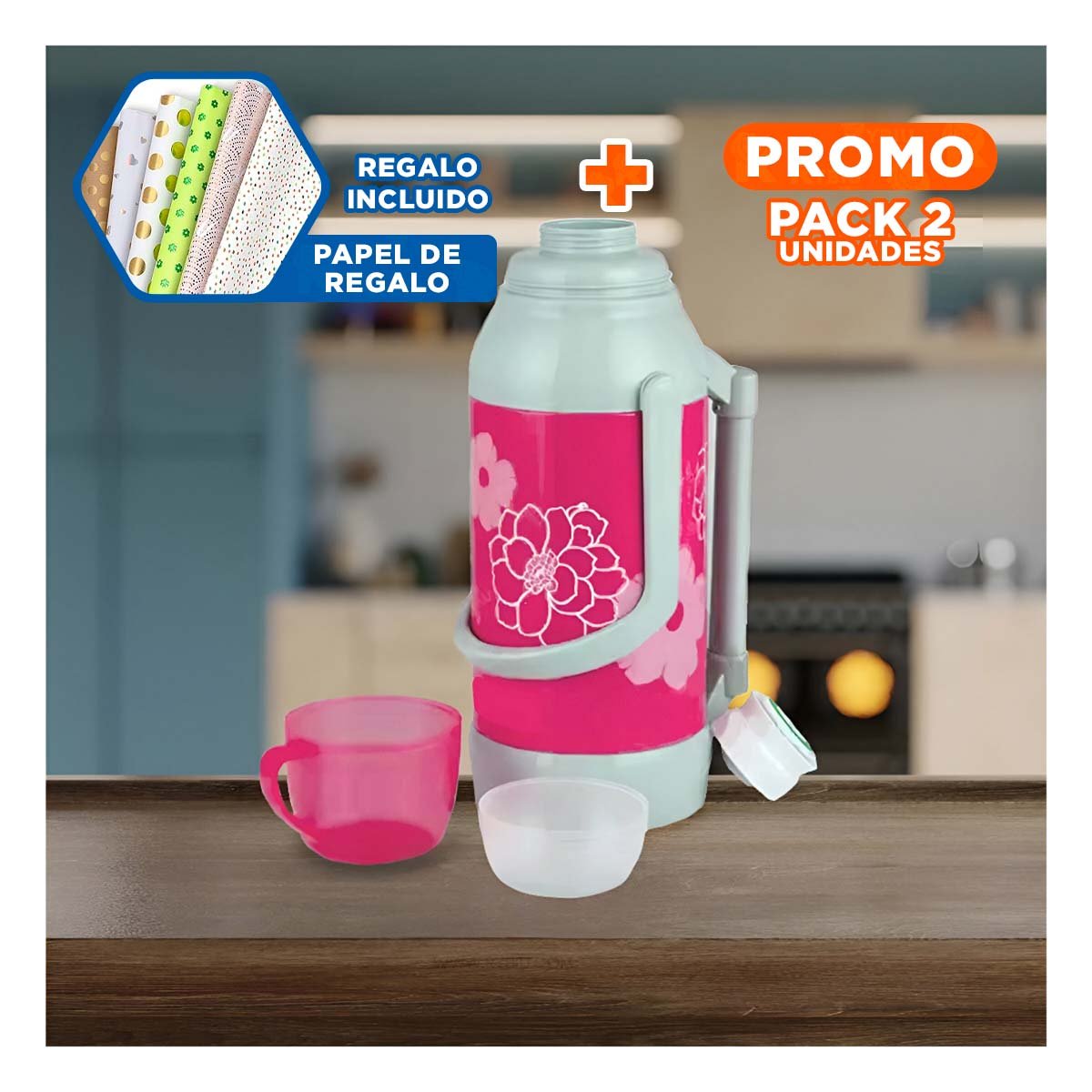PACK2 RECIPIENTE PORTATIL 3200ML ROSADO FLORES CON TAPON HERMETICO Y+PAPEL REGALO - 1