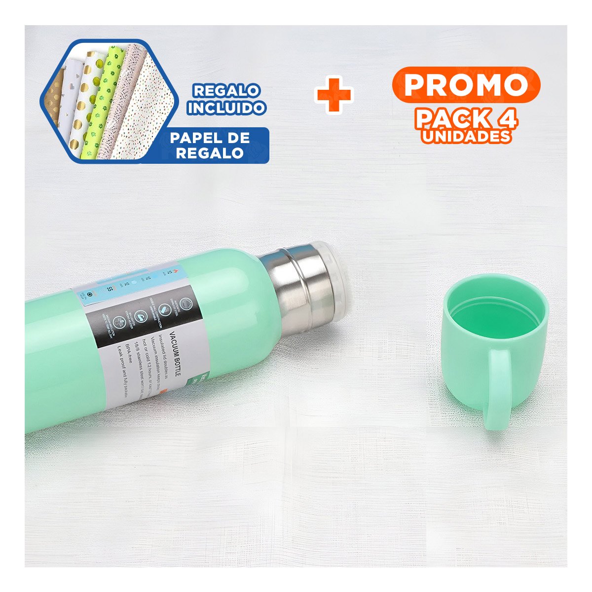 PACK4 PRODUCTO PORTATIL DE 500ML CON 3 TAZAS VERDE AGUA RESISTENTE Y+PAPEL REGALO - 1