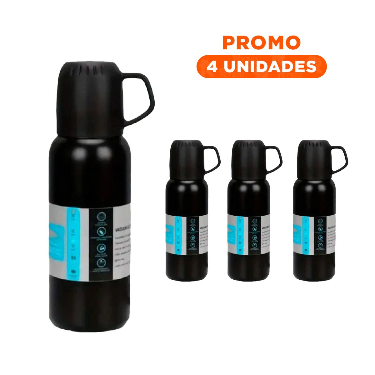 PACK4 TERMO RESISTENTE 500 ML CON 3 TAZAS NEGRO PARA TRABAJO DIARIO Y+REGALO STICKER - 1