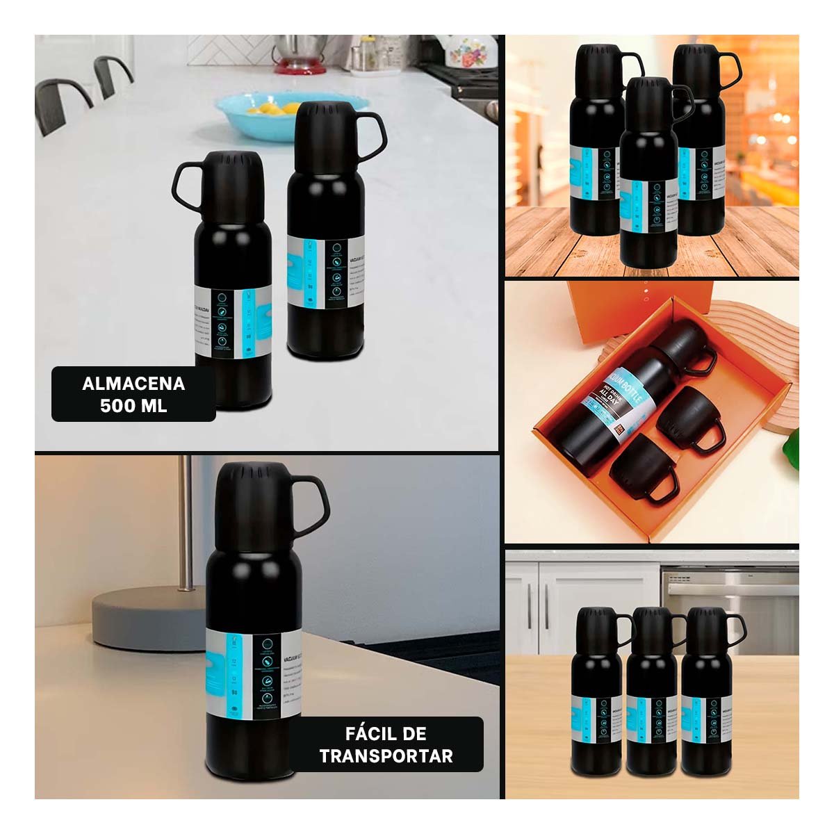 PACK4 TERMO RESISTENTE 500 ML CON 3 TAZAS NEGRO PARA TRABAJO DIARIO Y+REGALO STICKER - 2