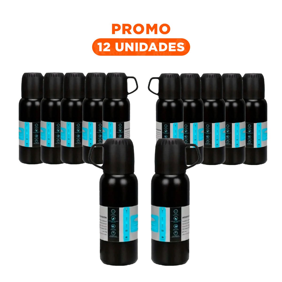 PACK12 BOTELLA MULTIUSO 500 ML CON 3 TAZAS NEGRO PARA HOGAR Y OFICINA Y+REGALO STICKER - 1