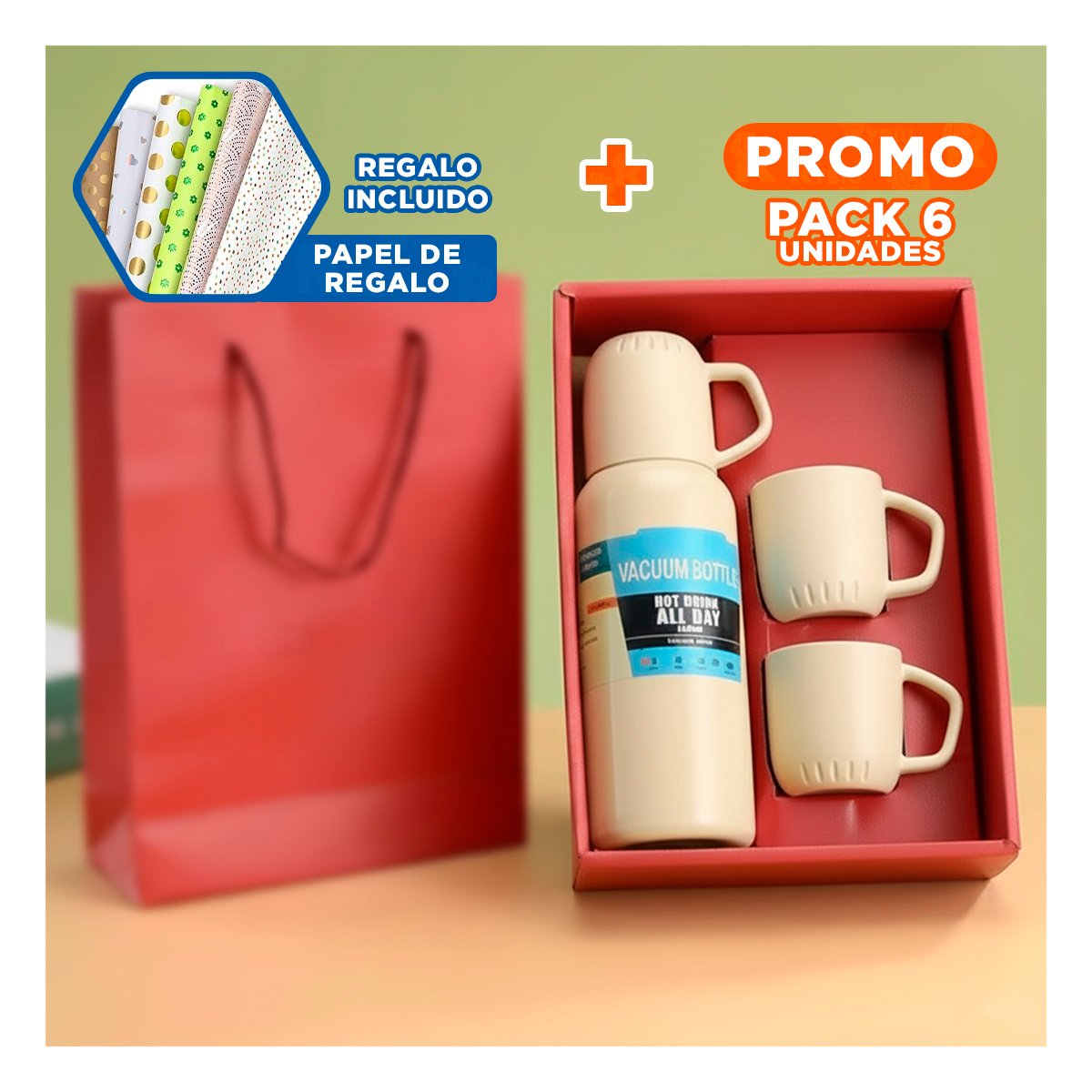 PACK6 TERMO PORTATIL 500 ML CON 3 TAZAS CREMA PARA PASEOS Y SALIDAS Y+PAPEL REGALO - 1