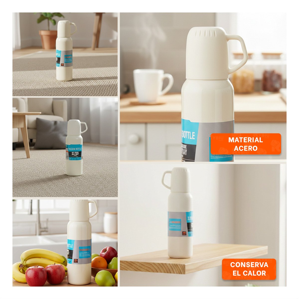 PACK6 TERMO PORTATIL 500 ML CON 3 TAZAS CREMA PARA PASEOS Y SALIDAS Y+PAPEL REGALO - 3