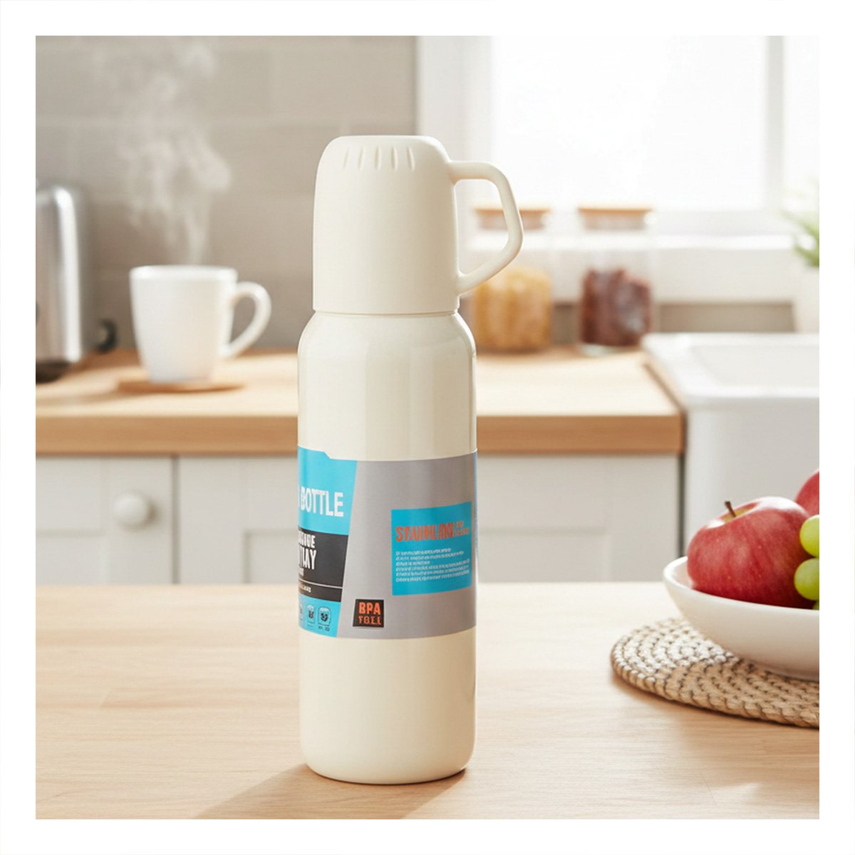 PACK6 TERMO PORTATIL 500 ML CON 3 TAZAS CREMA PARA PASEOS Y SALIDAS Y+PAPEL REGALO - 5